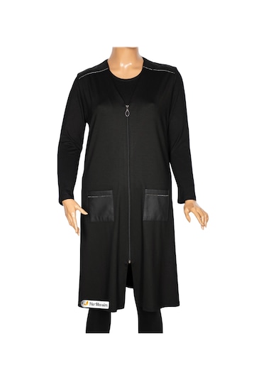 Hesna Kadın Bengü Büyük Beden Fermuarlı Cepli Penye Siyah Yelek Siyah