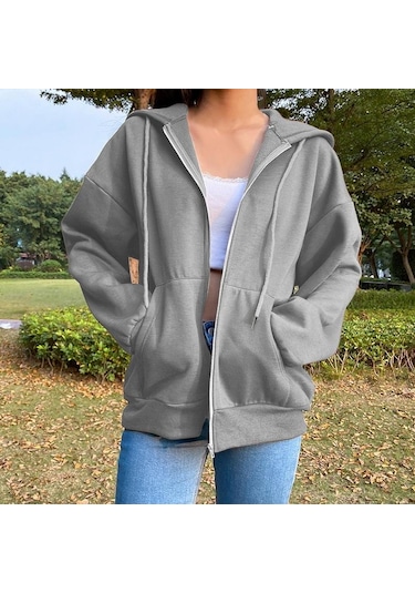 Gri Kazak Hoodie Büyük Boy Kapşonlu Hırka Tişörtü Gri Kadın Giyim Katı Fermuarlı Kapüşonlular Sonbahar Kadın Uzun Kollu Tops Gri
