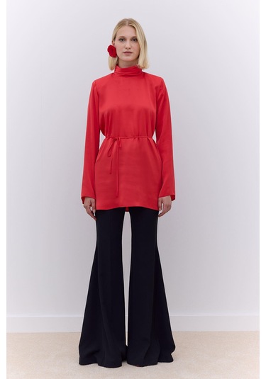 Manuka Saten Geniş Kol Tunik Kırmızı