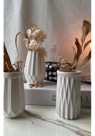 Geometrik Desenli Vazo Set 6 Lı 12 Cm Beyaz