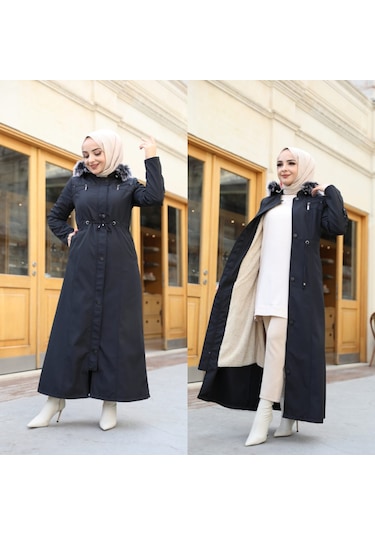 BATTAL  BÜYÜK BEDEN KADIN İÇİ TAMAMEN KÜRKLÜ PARDESÜ & MONT Siyah
