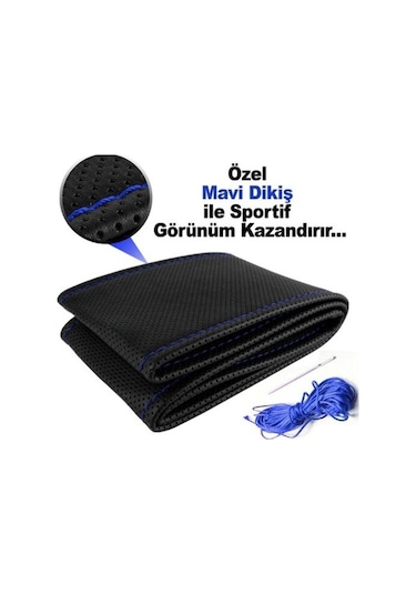 Dikmeli Deri Direksiyon Kılıfı Noktalı Kokusuz Mavi Dikişli