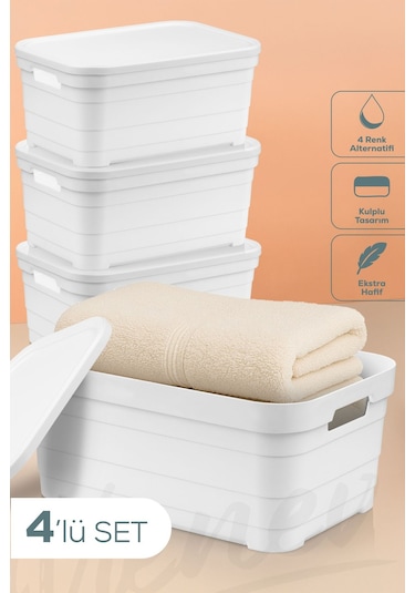 Vienev 4'lü Kapaklı 10,8 Litre Saklama Kutusu Beyaz Beyaz