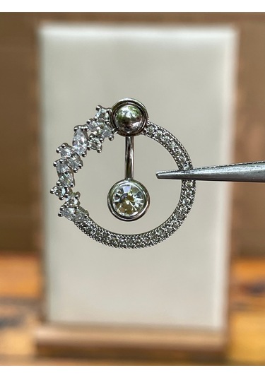 316 L Cerrahi Çelik Pırlanta Modeli Zirkon Taşlı Göbek Piercingi Gümüş