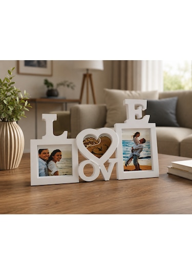 Love Ahşap Fotoğraf Çerçevesi 3 Fotoğraflı Dekoratif Masaüstü Çerçeve Kişiye Özel Hediye Beyaz