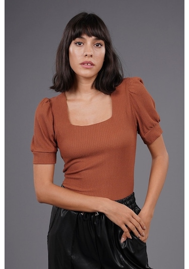 Gabria Kadın Kare Yaka Örme Bluz Tarcın Tarçın