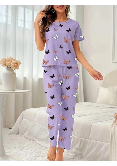 Supplierby Kadın Kısa Kollu Bisiklet Yaka Kelebek Baskılı Süprem Ikili Takım Mor