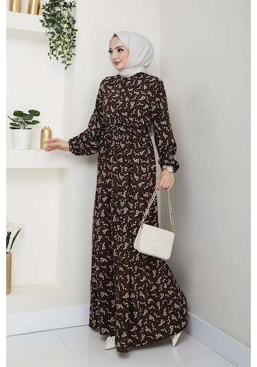 Yaprak Desenli Bağlamalı Viskon Elbise - Kahverengi / E0125 Kahverengi