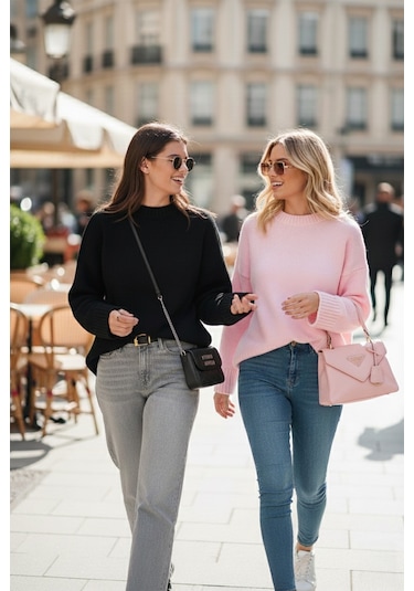 Lela Regular Fit Bisiklet Yaka Basic 2'Li Paket Triko Bayan Kazak 4616213S2 Siyah-Toz Pembe