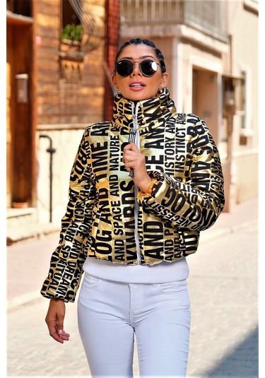 Kadın Gold Parlak Yazılı Dik Yaka Kısa Şişme Mont