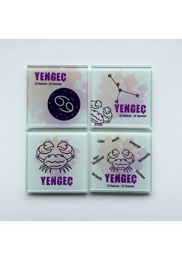 Cam Bardak Altlığı Burçlar - Yengeç Burcu 4'lü Takım Beyaz