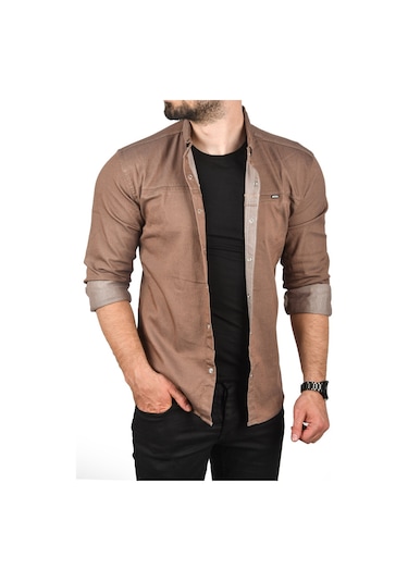 Deepsea Erkek Kahve Dar Kesim Çıt Çıt Düğmeli Pamuklu Kot Gömlek Likralı Spor Gömlek 2300412 Kahve