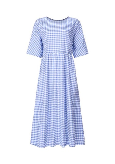 Lacivert Zanzea Bayan Kareli Ekose O Yaka Günlük Gevşek Uzun Elbise S Lacivert