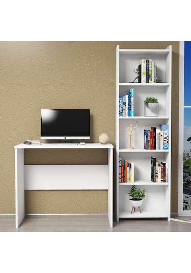 Ferniso Mobilya Çalışma Masası + 5 Bölmeli Kitaplık Beyaz