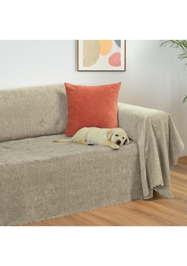 Jakarlı Şönil Koltuk Örtüsü Çekyat Örtüsü Koltuk Şalı 175x350 Kaymaz Kum Beji Kum Beji