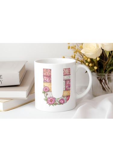 U Harfli Retro Çiçekli Kupa Bardak - Patchwork Tarz Yamalı Desenli İsme Özel Kupa - Hediye 07 Beyaz