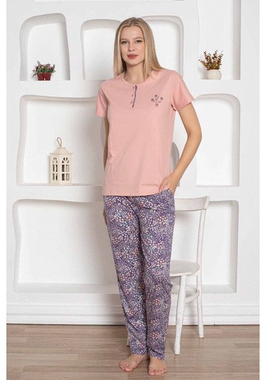 Kadın Çiçek Desen Bisiklet Yaka 3 Düğmeli Kısa Kol Cepli Pijama Takımı Pudra
