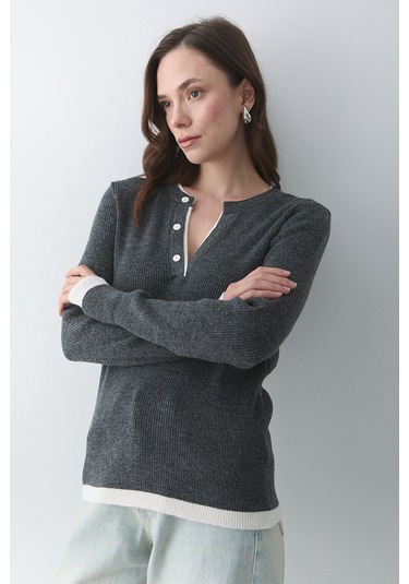 Antrasit - Krem 2 Patlı Düğmeli Kazak - 251023 Antrasit