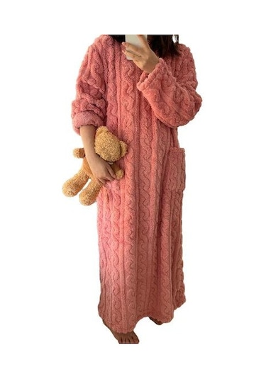 Sonbahar Kış Gecelik Kalın Mercan Polar Gevşek Cepler Sıcak Düz Renk Yuvarlak Boyun Bükülmüş Doku Uzun Kollu Tam Boy Termal Ev Tekstili Pembe