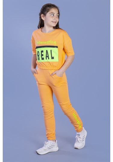 Toontoy Kız Çocuk Crop Model Cep Detaylı Baskılı Eşofman Takımı Turuncu