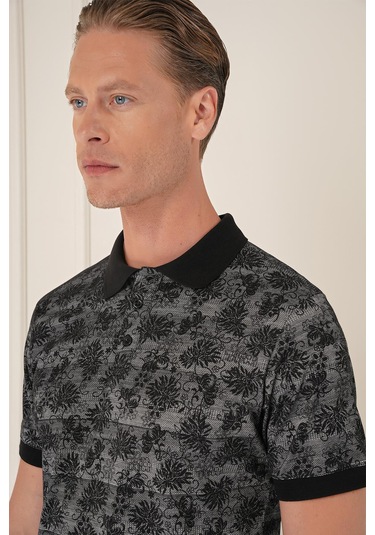 Slim Fit Dal Yaprak Desen Polo Yaka Pamuklu Siyah Tişört Ts 884 Siyah