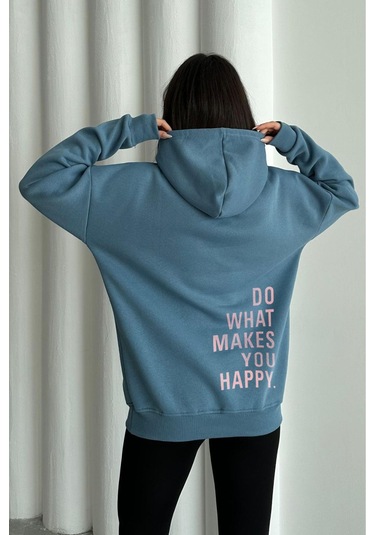 Kadın Mavi Do What Makes You Happy Baskılı Oversize Kapüşonlu Sweatshirt Mavi