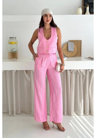 Çizgili Kumaş Yelek Takım Pembe Pembe