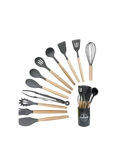 79126 12 Parça Yapışmaz Silikon Mutfak Eşyaları Seti Gri