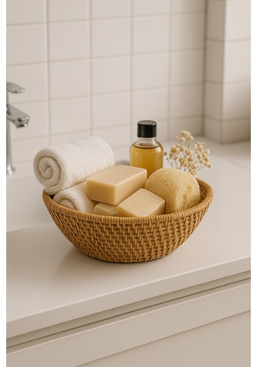 Yuvarlak Hasır Servis Sunumluk Sepet Organizer Düzenleyici Ekmekl Hasır