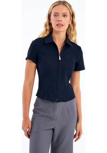 Stella Pulvis Lacivert Fermuarlı Slim Fit Kuplu Bluz