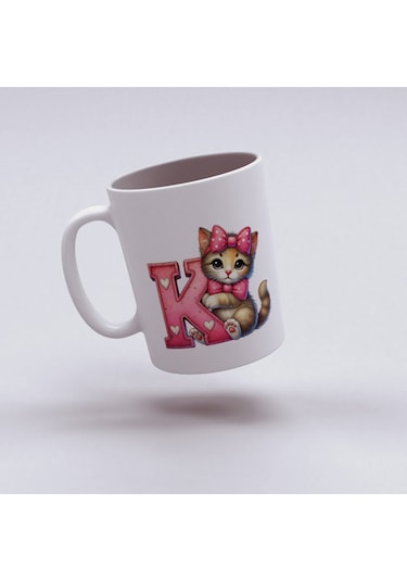 K Harfli Bardak, Sevimli Kedili Pembe Tasarım Bardak, Arkadaşa Aileye Hediye Porselen Beyaz