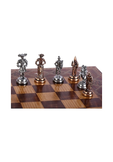 Orta Boy Metal İspanyol Satranç Takımı Antik Ve El Yapımı Masif Ahşap Düz Satranç Tahtası