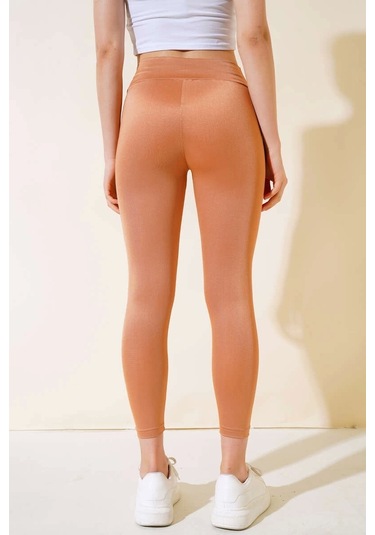 Esnek Yüksek Bel Taba Uzun Parlak Disco Tayt Taba