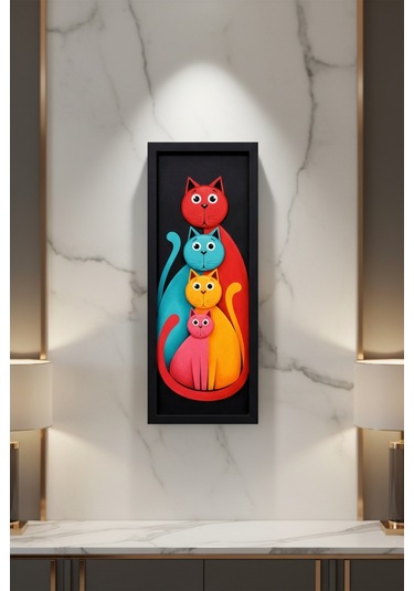 Modern Renkli Kedi Tablosu 25x60 Cm Çerçeveli Minimal Duvar Dekoru
