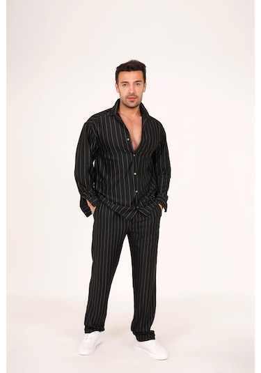 Alaçatı Stili Erkek Krep Kumaş Çizgili Gömlek Ve Pantolon Takım Siyah