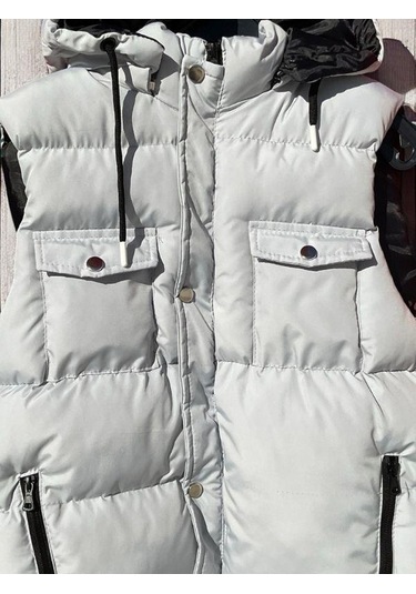 Çocuk Kapüşonlu Cep Detaylı Şişme Kalın Yelek-15008 Gri