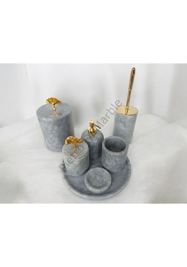 Gri Mermer Klasik Model 7 Parça Gold Renk Japon Gülü Aksesuarlı Banyo Seti Gri