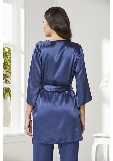 Pierre Cardin 2075 Kadın Saten Sabahlıklı Pijama Takım-lacivert Lacivert