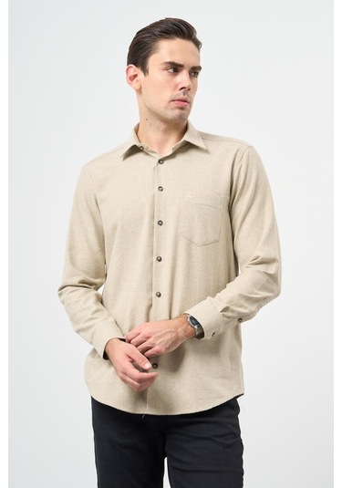 Açık Bej Uzun Kol Düz Gabardin Sert Yaka Cepli Pamuklu Classic Comfort Fit Gömlek 1004245168 Açık Bej