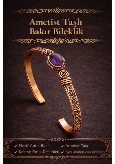Kadın Bakır Bileklik Ametist Taşlı Kelepçe Bilezik Diğer
