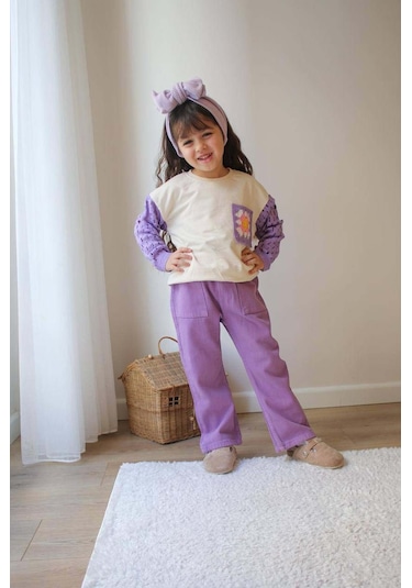Kız Çocuk Kol Triko Modelli Punch İşlemeli Gabardin Pantolonlu 2li Takım Lila