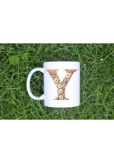 Y Harfi Çiçek Desenli Kupa Bardak - Alfabe Harfleri İle Doğal Çiçekli Kupa - Hediye Fikir Beyaz