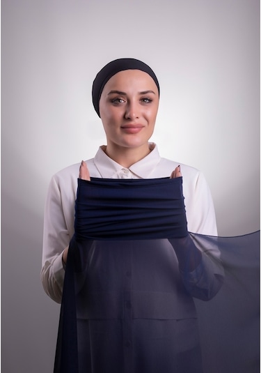 Hürrem Bone Lacivert Pratik Hazır Geçmeli Şal Şifon Boru Boneli 3001_02