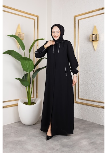 Biyeli Şerit Metal Aksesuar Detaylı Ferace / Siyah - F0144 Siyah