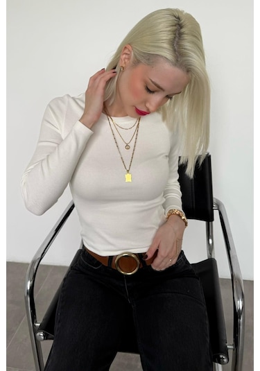 Madmext Ekru Bisiklet Yaka Slim Fit Kadın Body Mg2564 Ekru