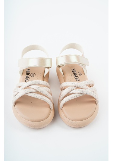 Muggo Jazz Garantili Günlük Ortopedik Hafif Taban Örgü Detaylı Cırtlı Kız Çocuk Sandalet Bej