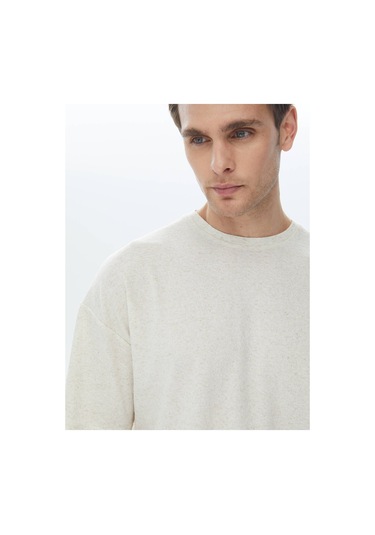 Bej Jakarlı Bisiklet Yaka Keten Karışımlı T-shirt Bej