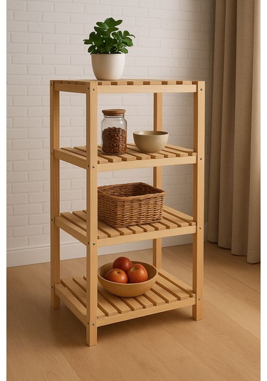 Doğal Ahşap 4 Katlı Dekoratif Raf Beyaz - Çam