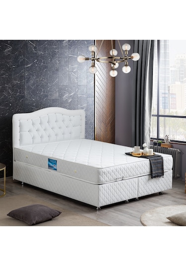 Setaymobilya Baza, Şah Beyaz Çift Kişilik Baza + Başlık + Deluxe Yatak