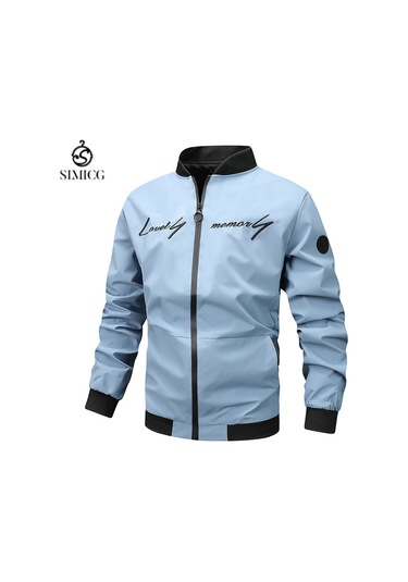 Erkekler İçin Bol Dik Yaka İşlemeli Beyzbol Ceketi Mavi